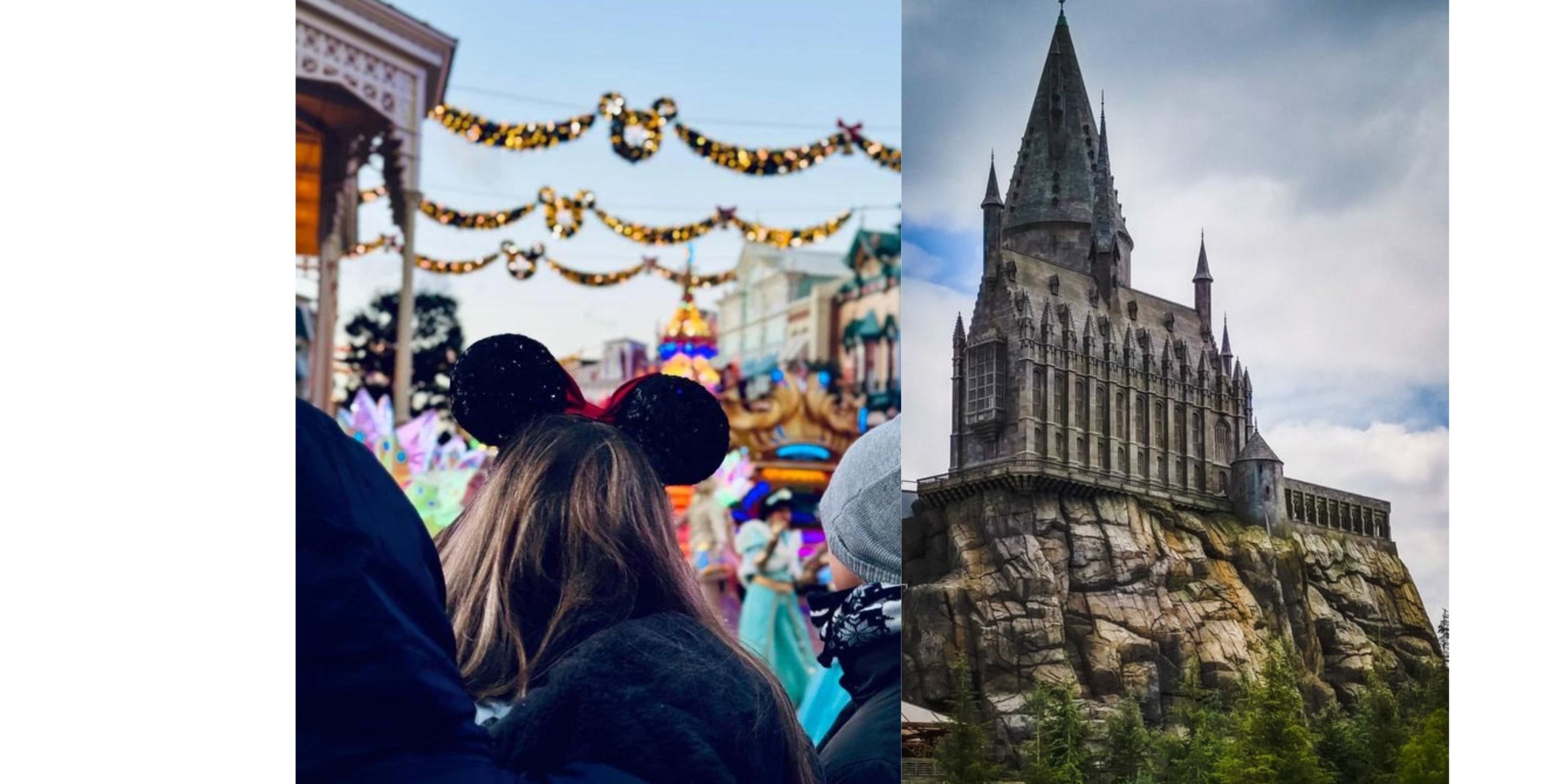 左半邊的照片中間有一個女生戴著米妮的頭飾在看迪士尼的遊行她的頭上還有米奇閃亮彩帶裝飾和茉莉公主的影子,她的右手邊有個男子戴著灰色毛帽和圍巾,右半邊的環球影城中的哈利波特城堡,城堡在岩石城牆非常的壯觀
